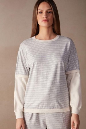 Intimissimi Casual Sunday Long Sleeve Top Ženske Pidžama Sive Svijetlo Žute Bež Prugice | HR 2137ISZ