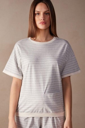 Intimissimi Casual Sunday Short Sleeve Top Ženske Pidžama Sive Svijetlo Žute Bež Prugice | HR 2138ORX