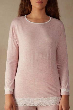 Intimissimi Long-Sleeve Round-Neck Modal Top Ženske Pidžama Svijetlo Roze | HR 2168DNN