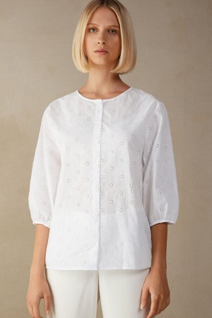 Intimissimi Morning Feelings Shirt in Plain Weave Cotton Ženske Dugi Rukav Bijele | HR 1816NBA