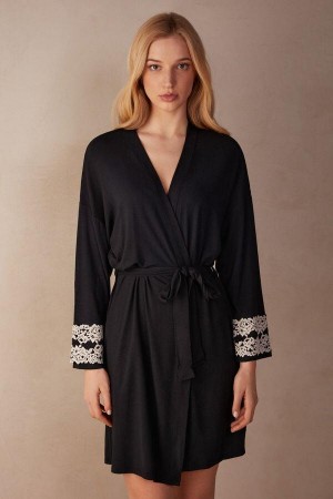 Intimissimi Pretty Flowers Modal Robe Ženske Pidžama Crne Bijele | HR 2208QZD