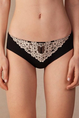 Intimissimi Pretty Flowers Seamless Cotton Ženske Gaćice Crne Bijele | HR 2413JJP