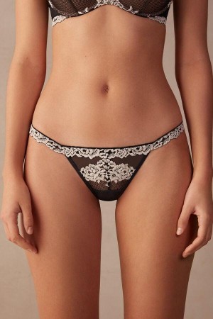 Intimissimi Pretty Flowers String Thong Ženske Gaćice Crne Bijele | HR 2295PQC