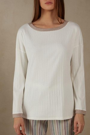 Intimissimi Rebrasti Cotton Bateau Neck Long Sleeve Top Ženske Pidžama Bijele | HR 2175ZGY