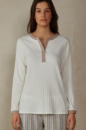 Intimissimi Rebrasti Cotton Long Sleeve Henley Top Ženske Pidžama Bijele | HR 2173KIR