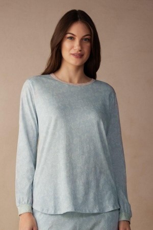 Intimissimi Romantic Cashmere Long Sleeve Cotton Top Ženske Pidžama Svijetlo Plave | HR 2129MAS