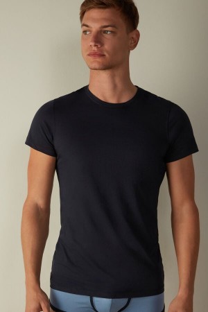 Intimissimi Short-Sleeve Crew-Neck T-Shirt in Extra-Fine Supima® Cotton Muške Pidžama Plave | HR 2895QZB