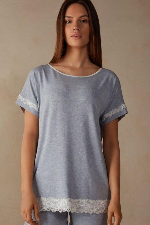 Intimissimi Short-Sleeve Modal Top with Lace Detail Ženske Pidžama Svijetlo Plave | HR 2117FMM