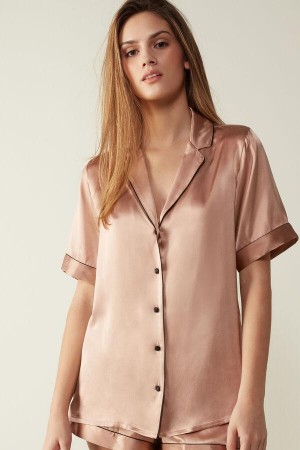 Intimissimi Short Sleeve Silk Shirt with Contrast Trim Ženske Pidžama Roze | HR 2126VDO