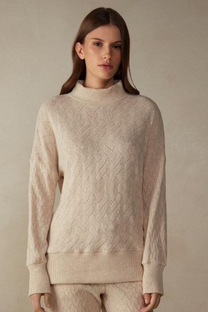 Intimissimi Winter Braid Long Sleeve Jacquard Top Ženske Pidžama Bež | HR 2162UTL