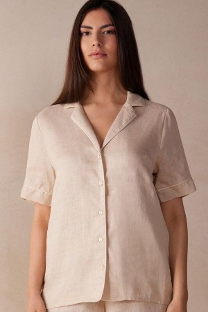 Intimissimi Yacht Night Linen Short Sleeve Shirt Ženske Pidžama Bež | HR 2090DNN