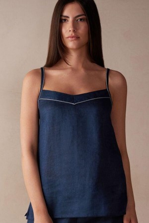 Intimissimi Yacht Night Linen Top Ženske Pidžama Plave | HR 2092GLQ