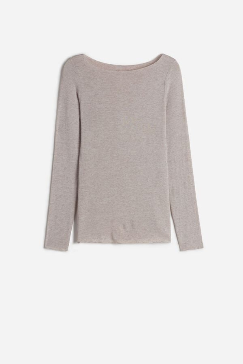 Intimissimi Boat Neck Modal Cashmere Ultralight Top Ženske Dugi Rukav Bež | HR 1797YUK