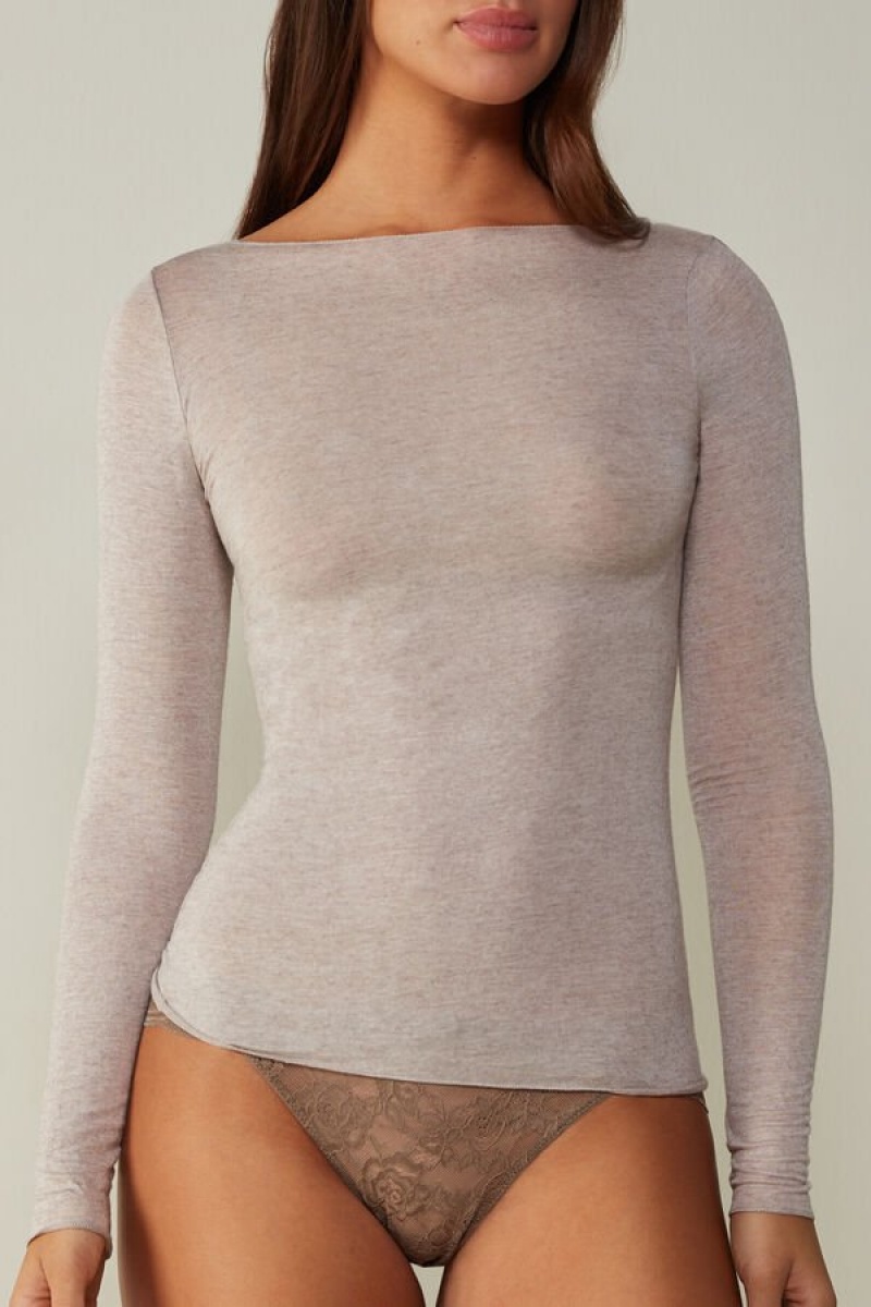 Intimissimi Boat Neck Modal Cashmere Ultralight Top Ženske Dugi Rukav Bež | HR 1797YUK