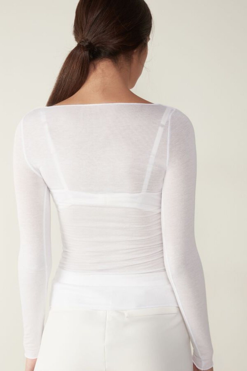 Intimissimi Boat Neck Modal Cashmere Ultralight Top Ženske Dugi Rukav Bijele | HR 1809KIR