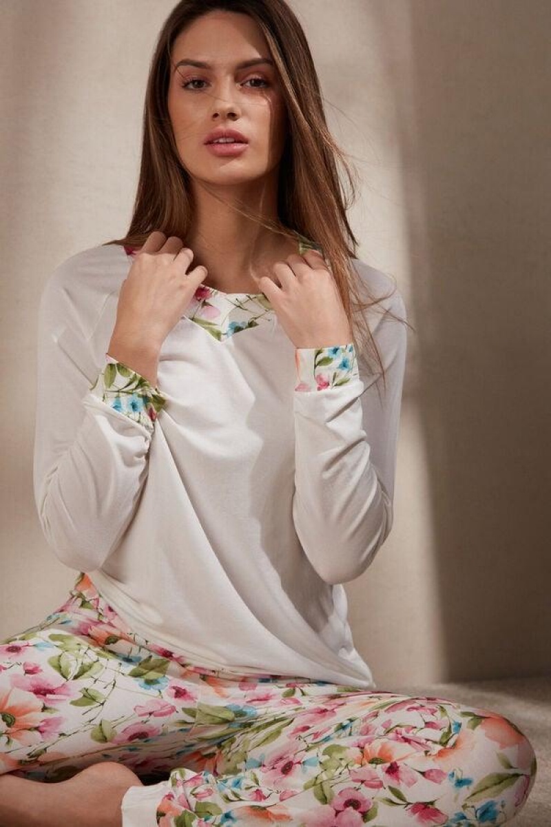 Intimissimi Botanical Lyrics Long Sleeve Modal Top Ženske Pidžama Bijele | HR 2139PQC