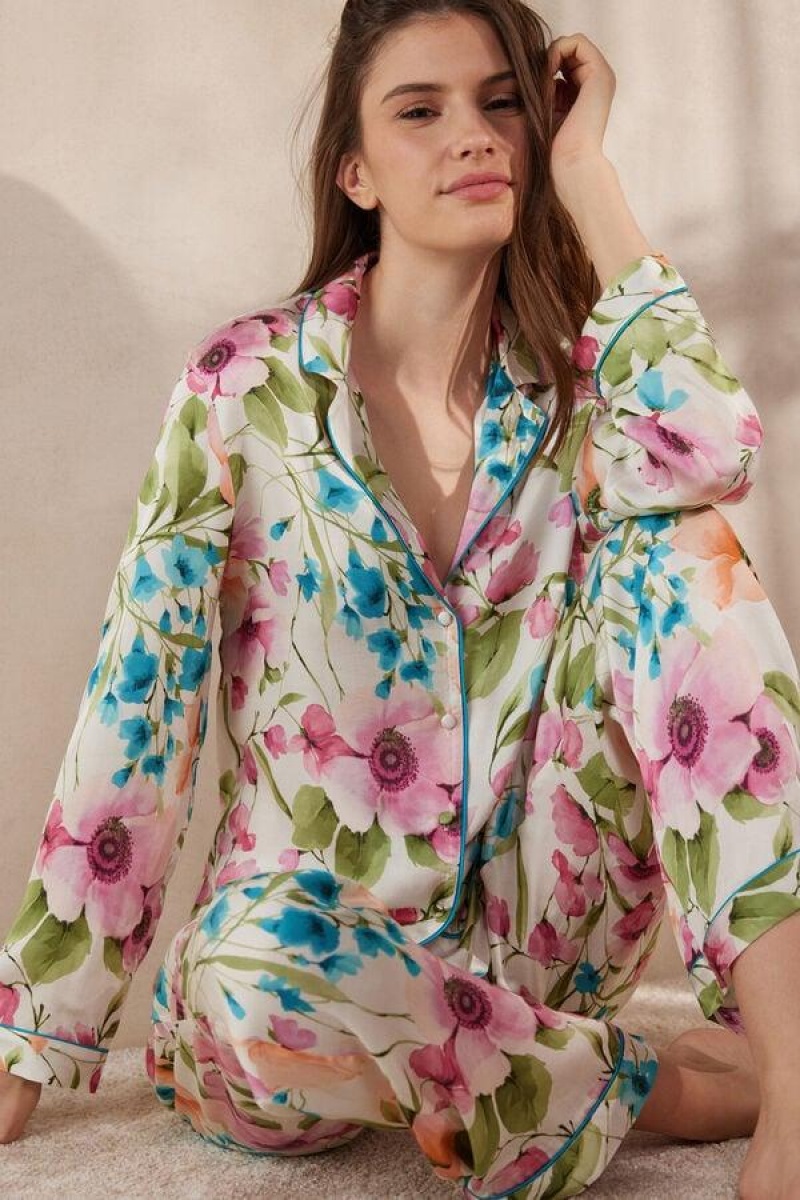 Intimissimi Botanical Lyrics Satin Button Up Shirt Ženske Pidžama Visebojne | HR 2136UTL