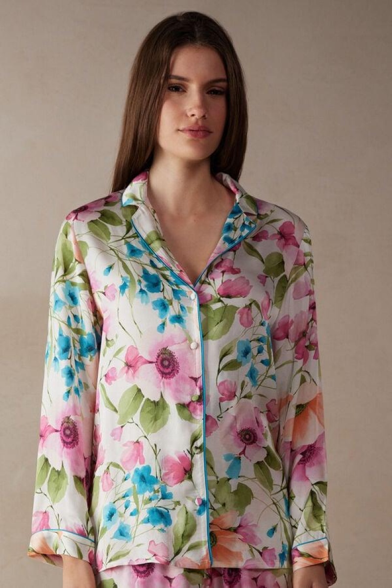 Intimissimi Botanical Lyrics Satin Button Up Shirt Ženske Pidžama Visebojne | HR 2136UTL