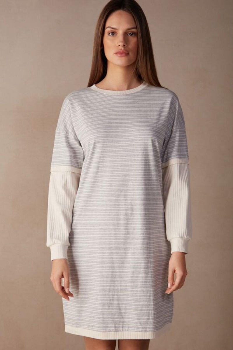 Intimissimi Casual Sunday Long Sleeve Nightshirt Ženske Pidžama Sive Svijetlo Žute Bež Prugice | HR 2216ORX