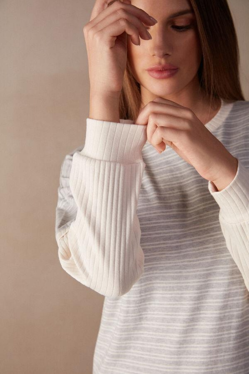 Intimissimi Casual Sunday Long Sleeve Top Ženske Pidžama Sive Svijetlo Žute Bež Prugice | HR 2137ISZ