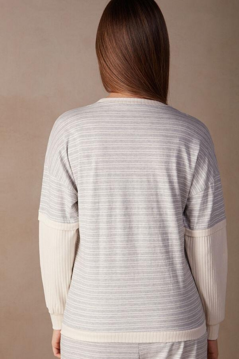 Intimissimi Casual Sunday Long Sleeve Top Ženske Pidžama Sive Svijetlo Žute Bež Prugice | HR 2137ISZ