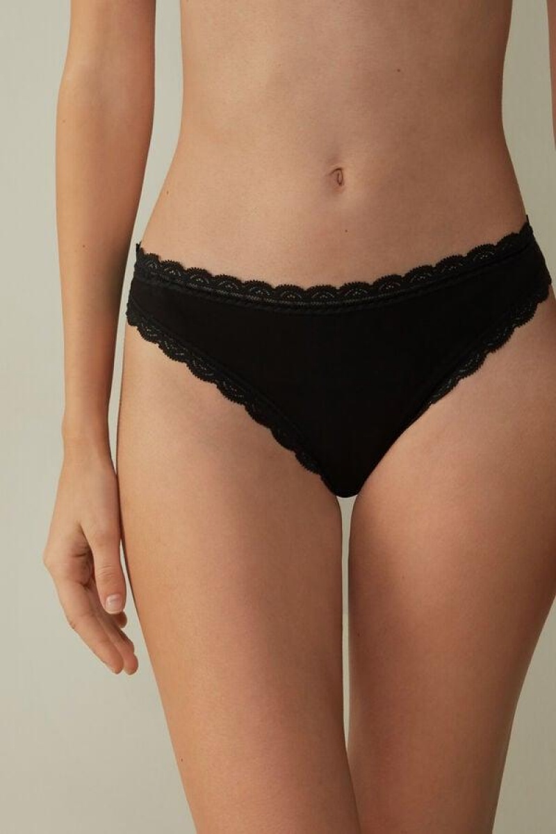 Intimissimi Cotton and Lace Brazilian Ženske Gaćice Crne | HR 2518HKA