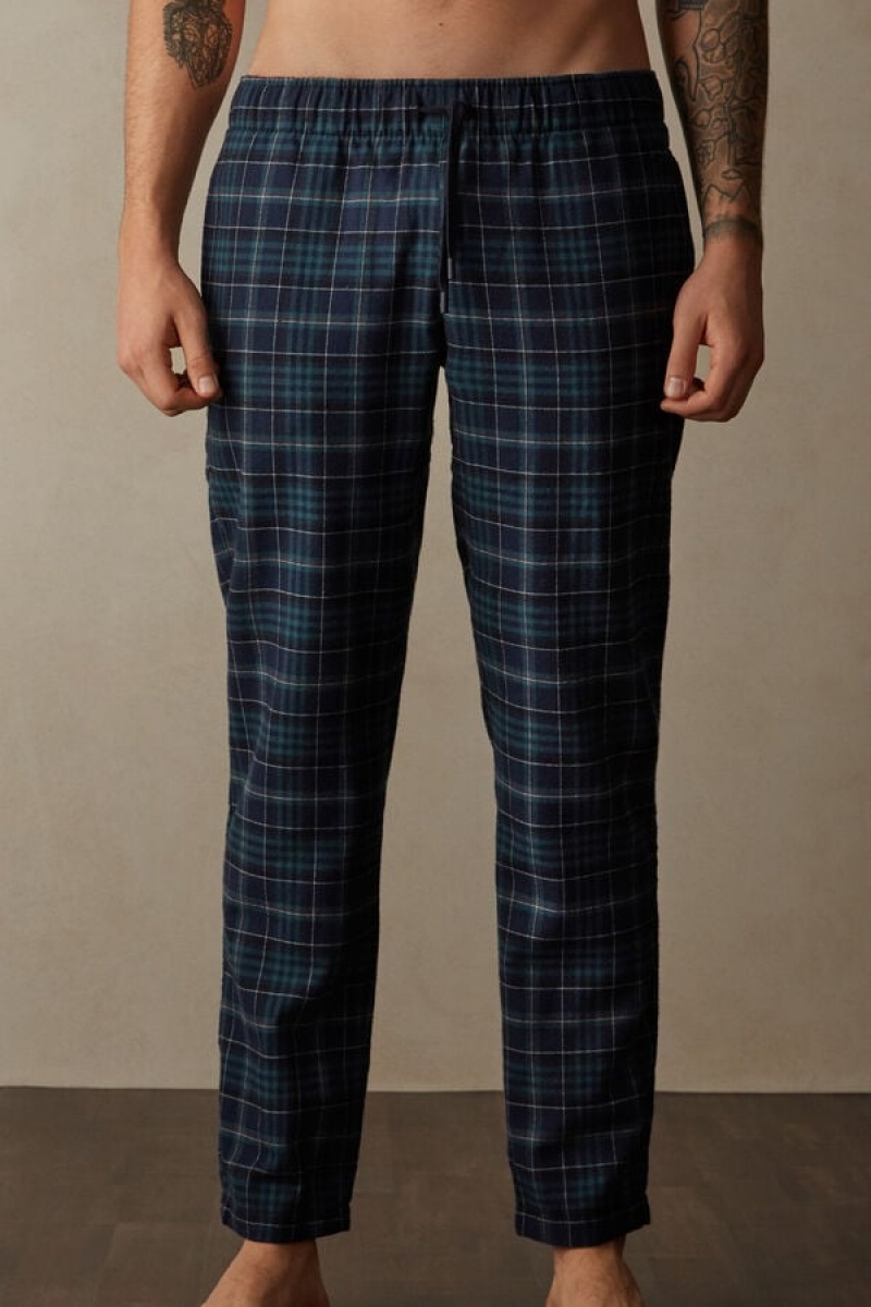 Intimissimi Full Length Pants in Green and Blue Plaid Brushed Cloth Muške Pidžama Zelene Plave | HR 2878KIU