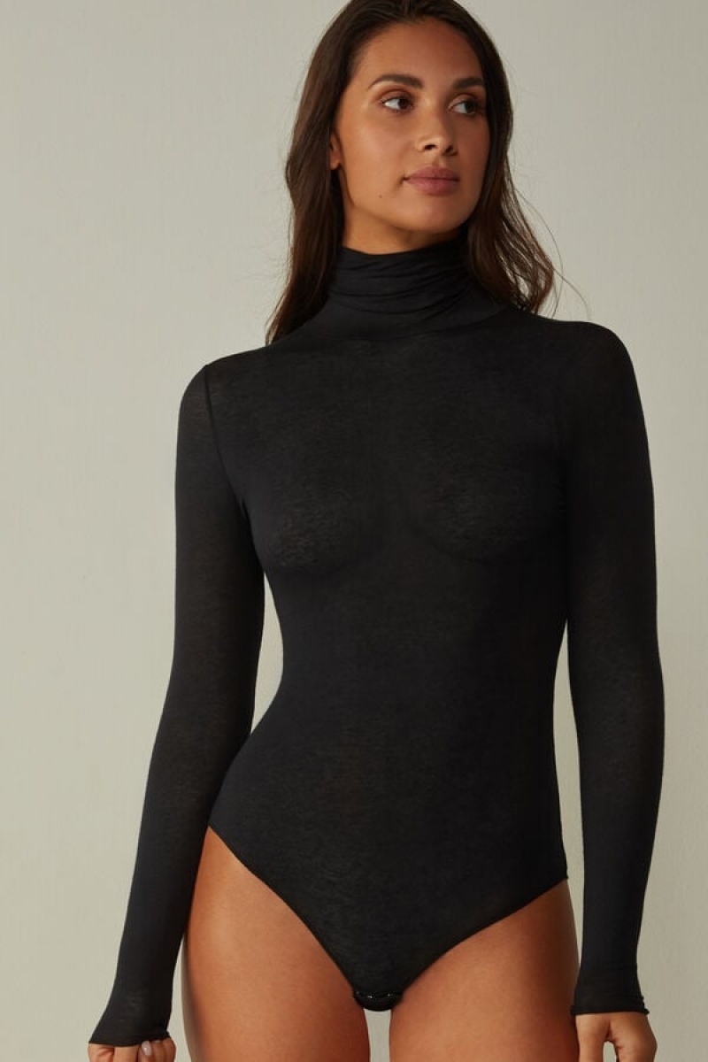 Intimissimi High Collar in Modal Ultralight with Cashmere Ženske Bodi Crne | HR 1651HKW