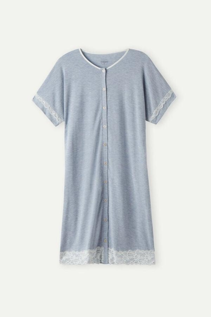 Intimissimi Lace Trim Button Up Nightgown Ženske Pidžama Svijetlo Plave | HR 2212TVJ