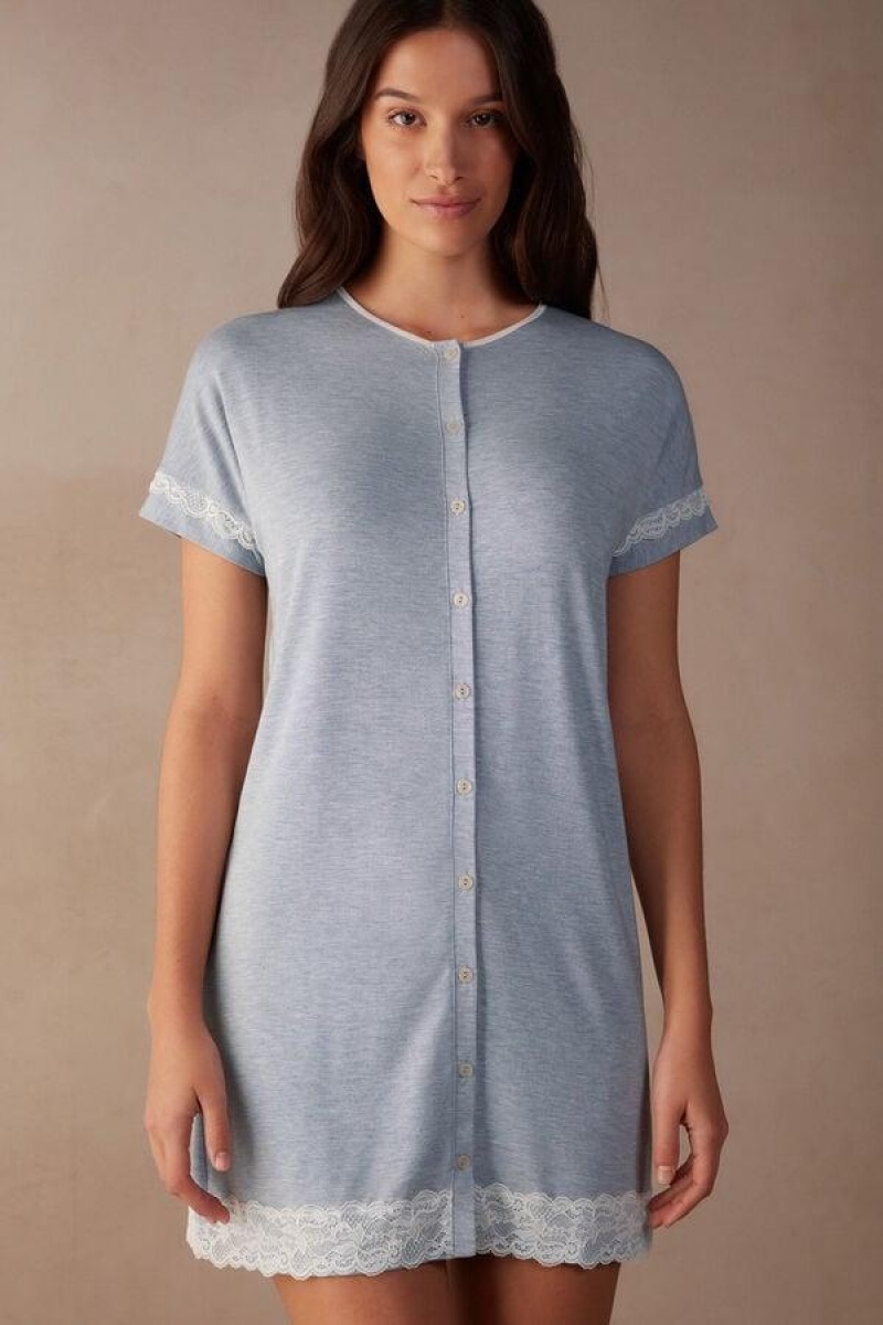 Intimissimi Lace Trim Button Up Nightgown Ženske Pidžama Svijetlo Plave | HR 2212TVJ