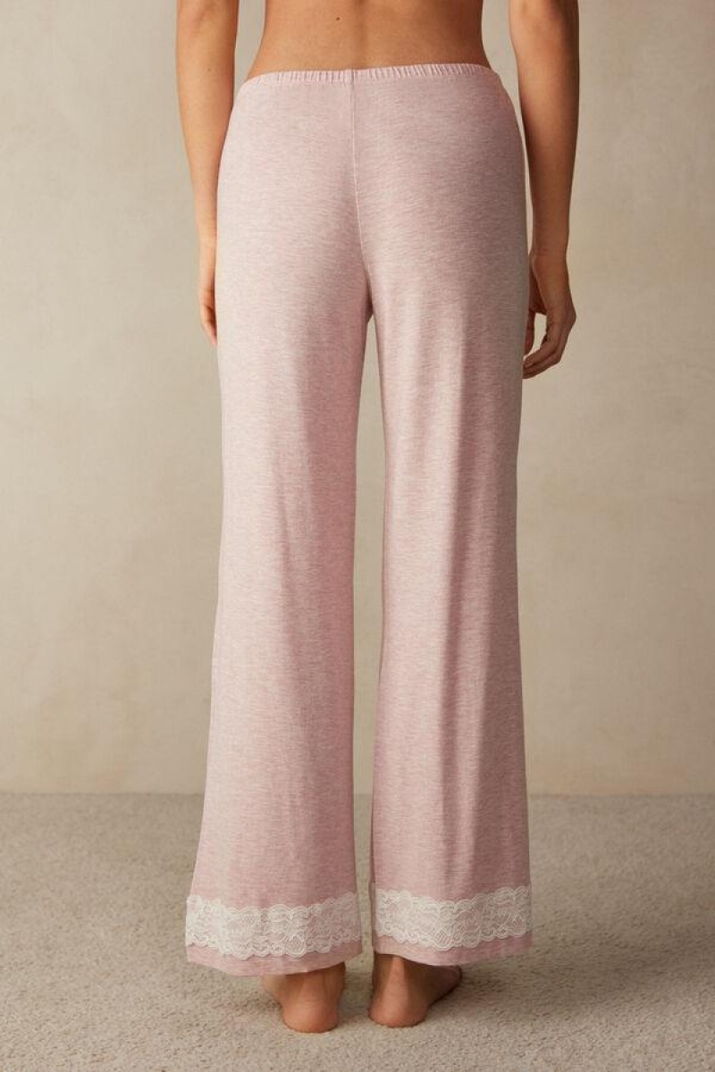 Intimissimi Lace Trim Full Length Pants in Modal Ženske Pidžama Svijetlo Roze | HR 2045ZGY