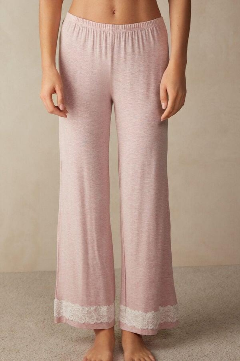 Intimissimi Lace Trim Full Length Pants in Modal Ženske Pidžama Svijetlo Roze | HR 2045ZGY