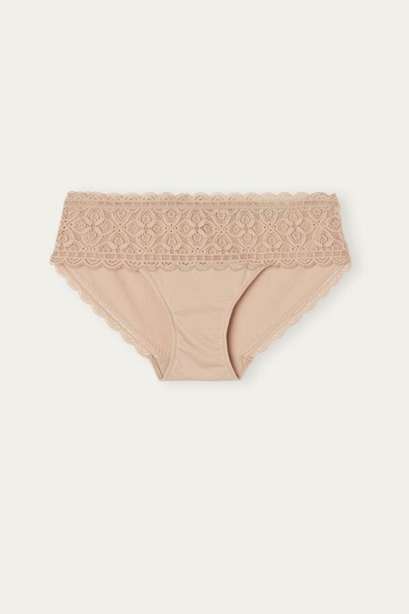 Intimissimi Lace and Cotton High Rise Ženske Gaćice Bež | HR 2412KIO