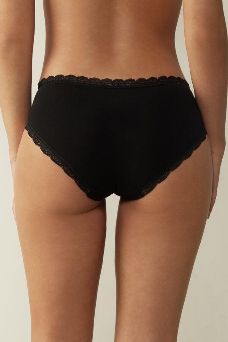 Intimissimi Lace and Cotton High Rise Ženske Gaćice Crne | HR 2431NBW