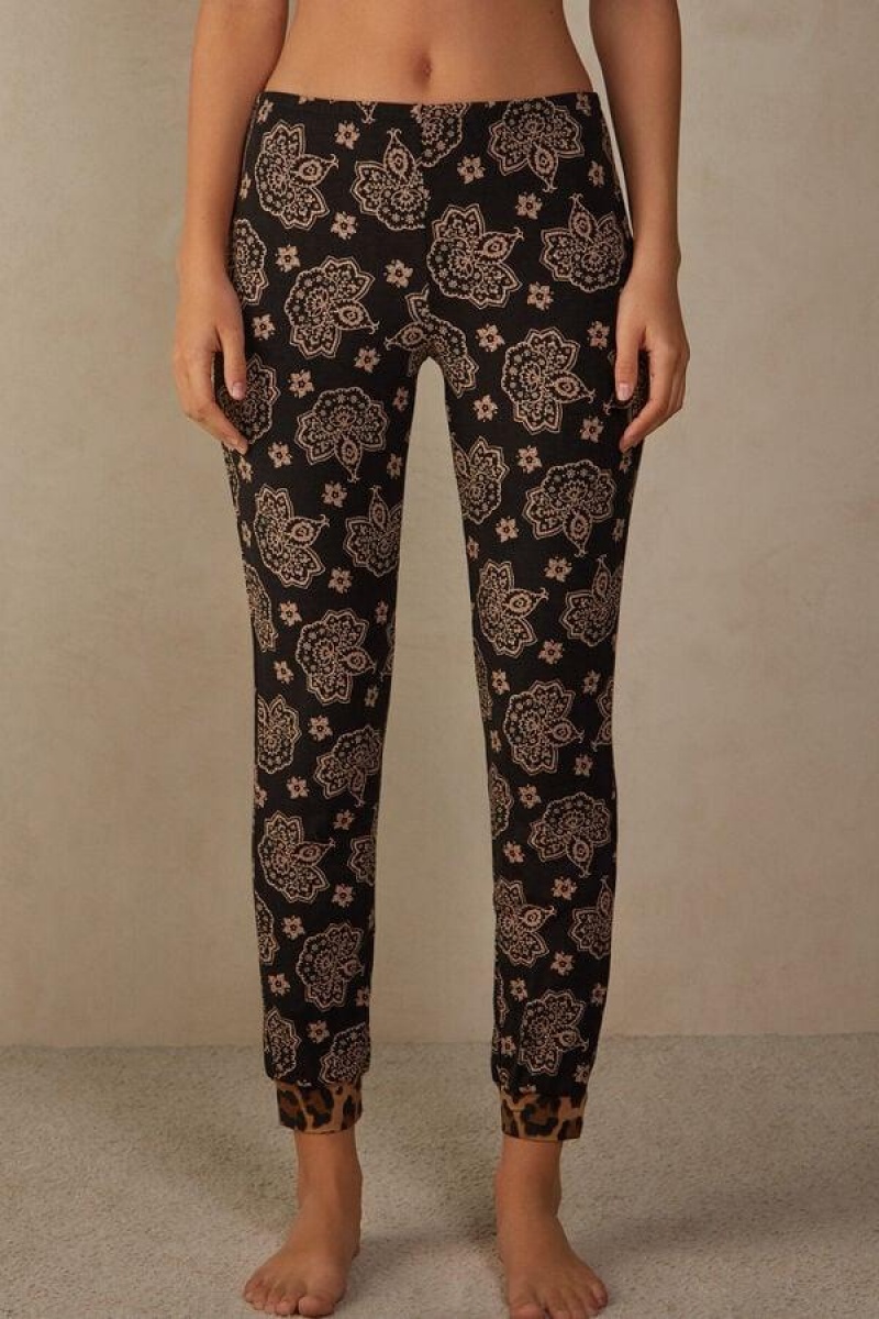 Intimissimi Lady Animalier Modal Cuffed Pants Ženske Pidžama Crne | HR 2056TVJ