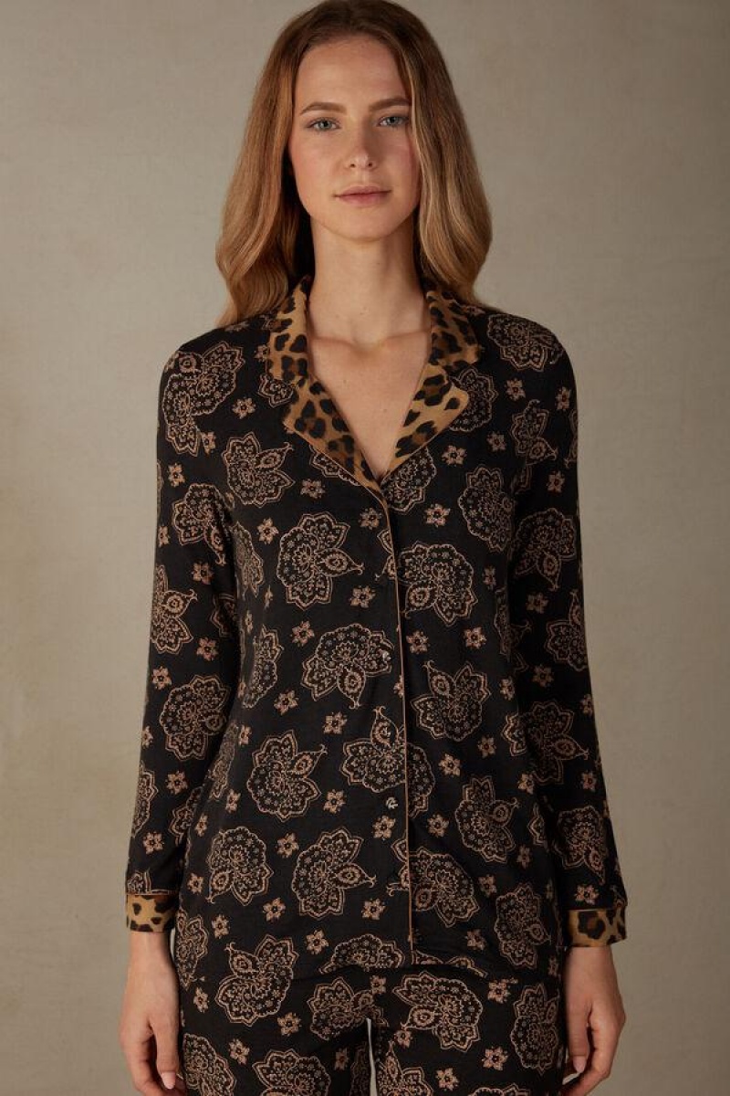 Intimissimi Lady Animalier Modal Shirt Ženske Pidžama Crne | HR 2154NBA