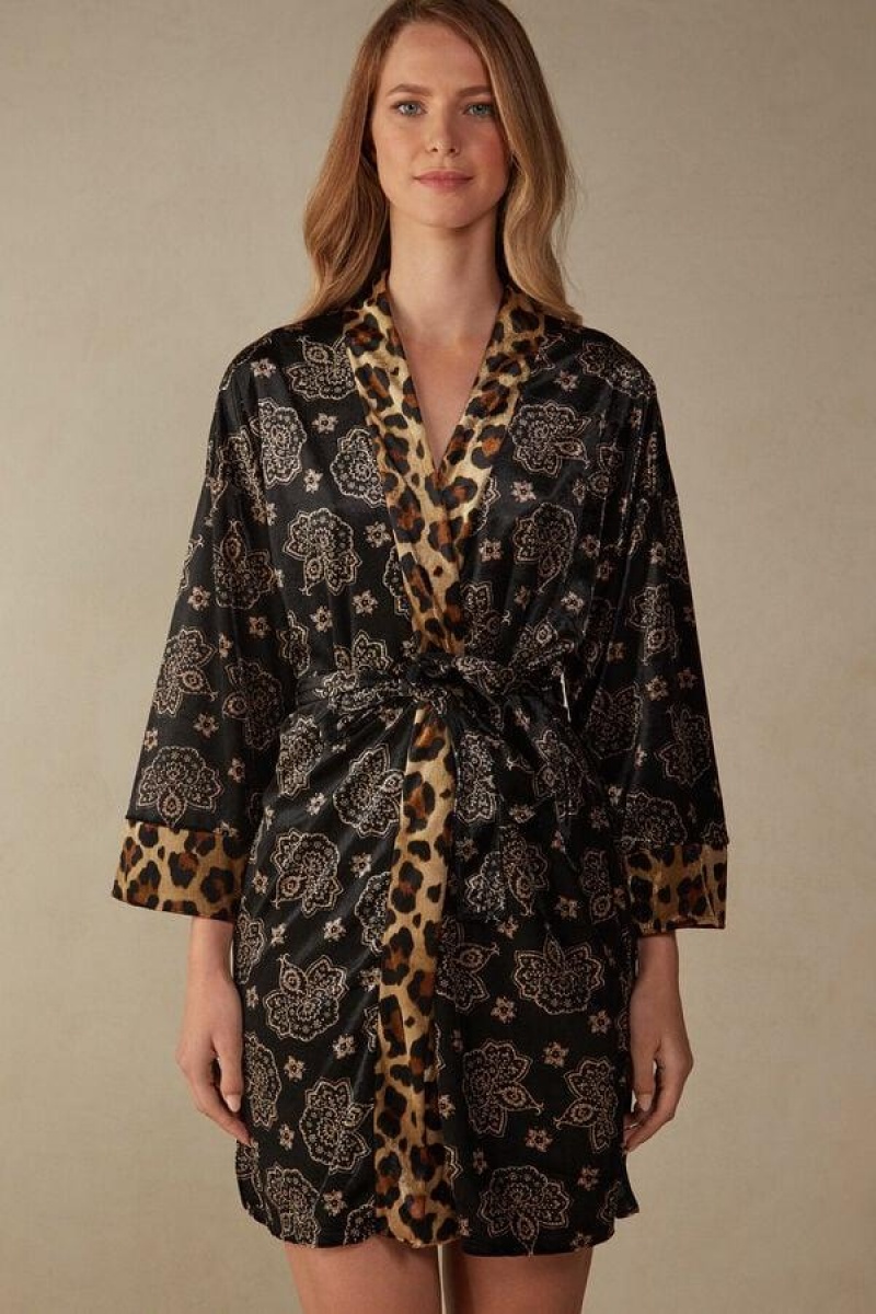 Intimissimi Lady Animalier Velvet Kimono Ženske Pidžama Crne | HR 2205BCP