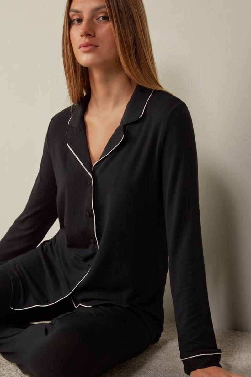 Intimissimi Long-Sleeve Micromodal Top Ženske Pidžama Crne | HR 2187YUK