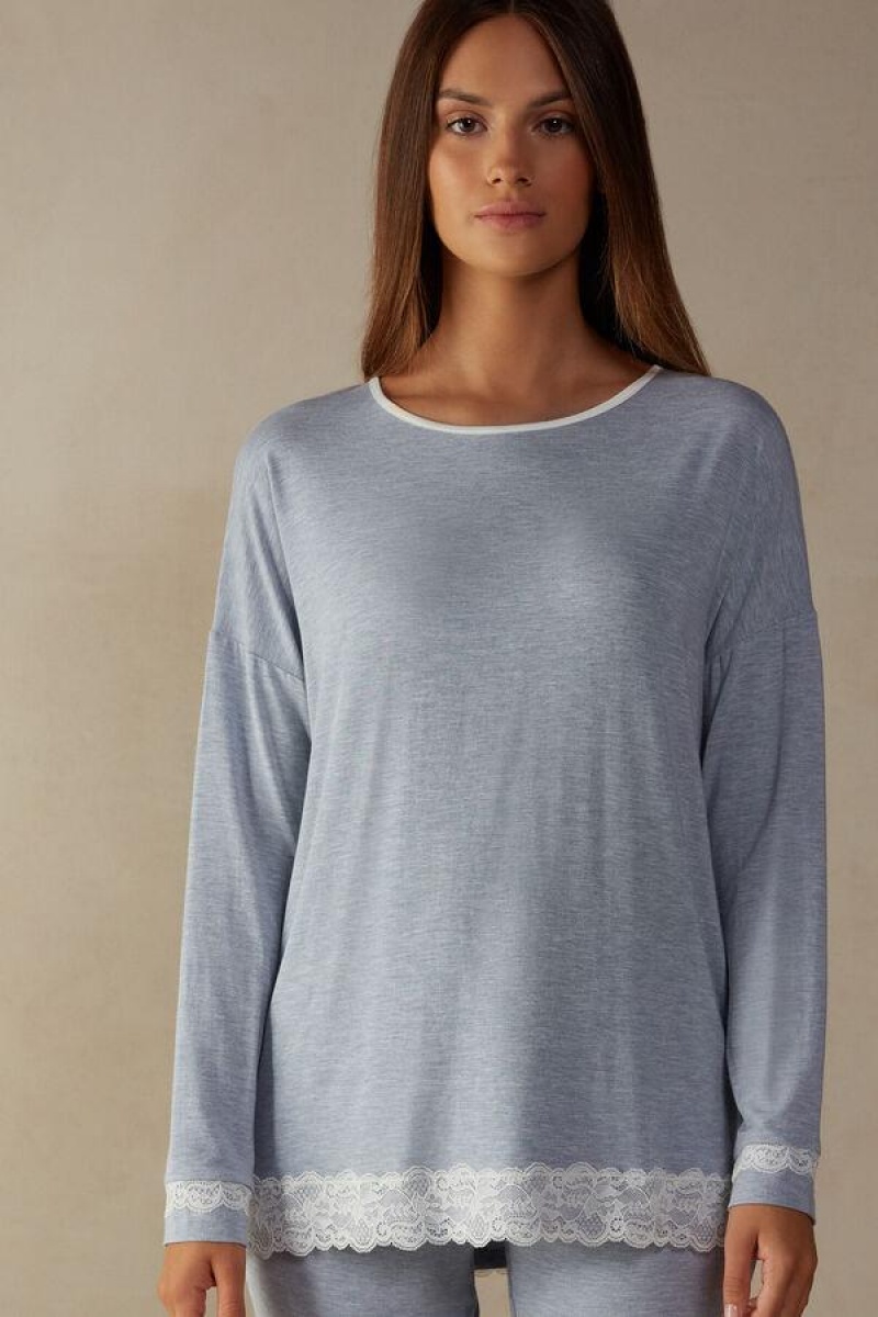 Intimissimi Long-Sleeve Round-Neck Modal Top Ženske Pidžama Svijetlo Plave | HR 2167SOB