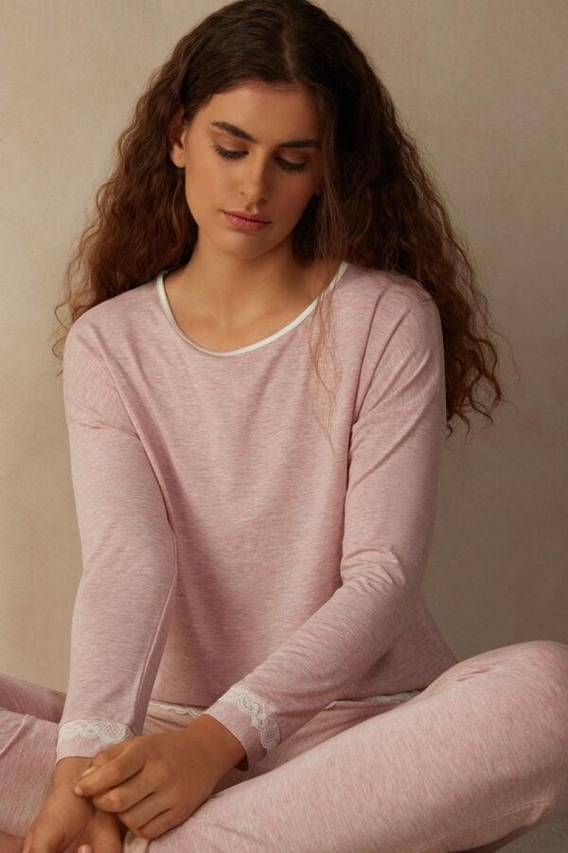 Intimissimi Long-Sleeve Round-Neck Modal Top Ženske Pidžama Svijetlo Roze | HR 2168DNN