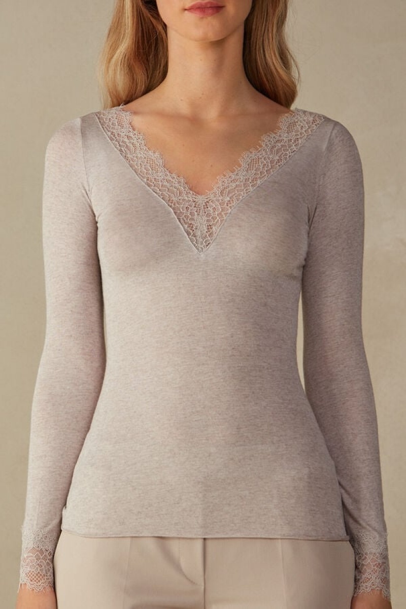 Intimissimi Modal Cashmere Ultralight Long Lace Shirt Ženske Dugi Rukav Bež | HR 1827PQC