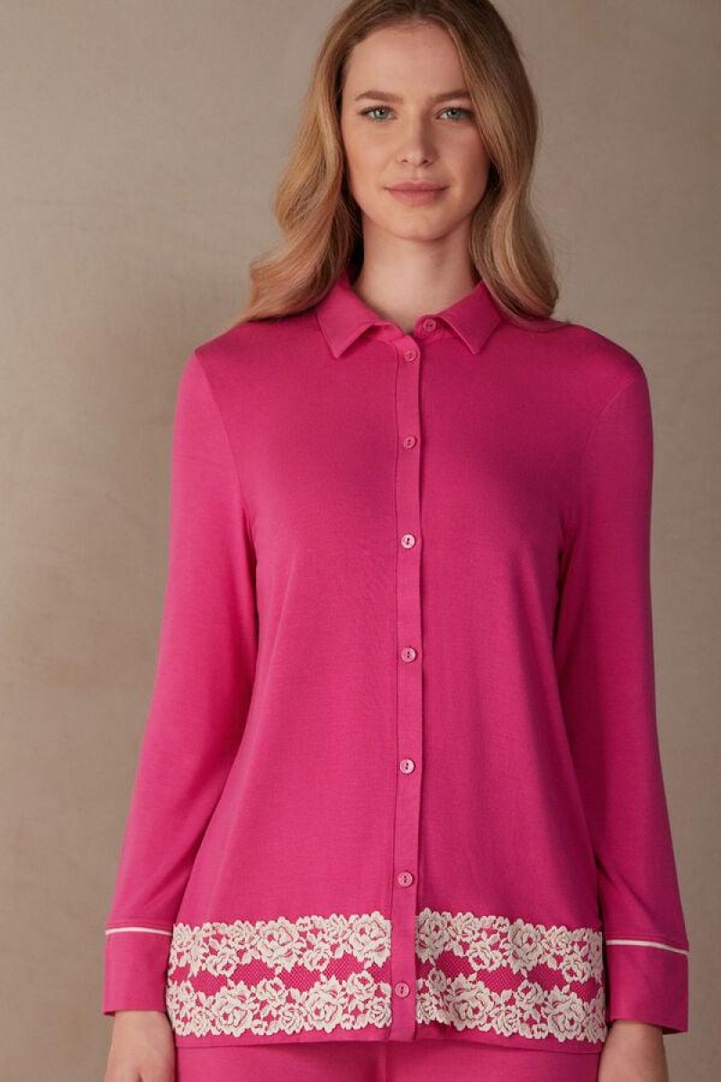 Intimissimi Pretty Flowers Button Up Shirt in Modal Ženske Pidžama Roze Bijele | HR 2143FMM