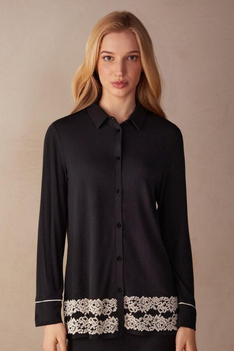 Intimissimi Pretty Flowers Button Up Shirt in Modal Ženske Pidžama Crne Bijele | HR 2185RWH