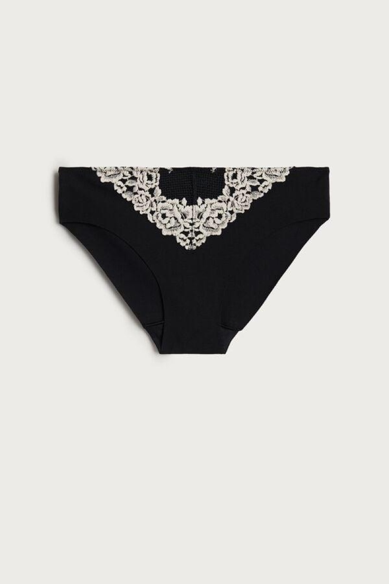 Intimissimi Pretty Flowers Seamless Cotton Ženske Gaćice Crne Bijele | HR 2413JJP