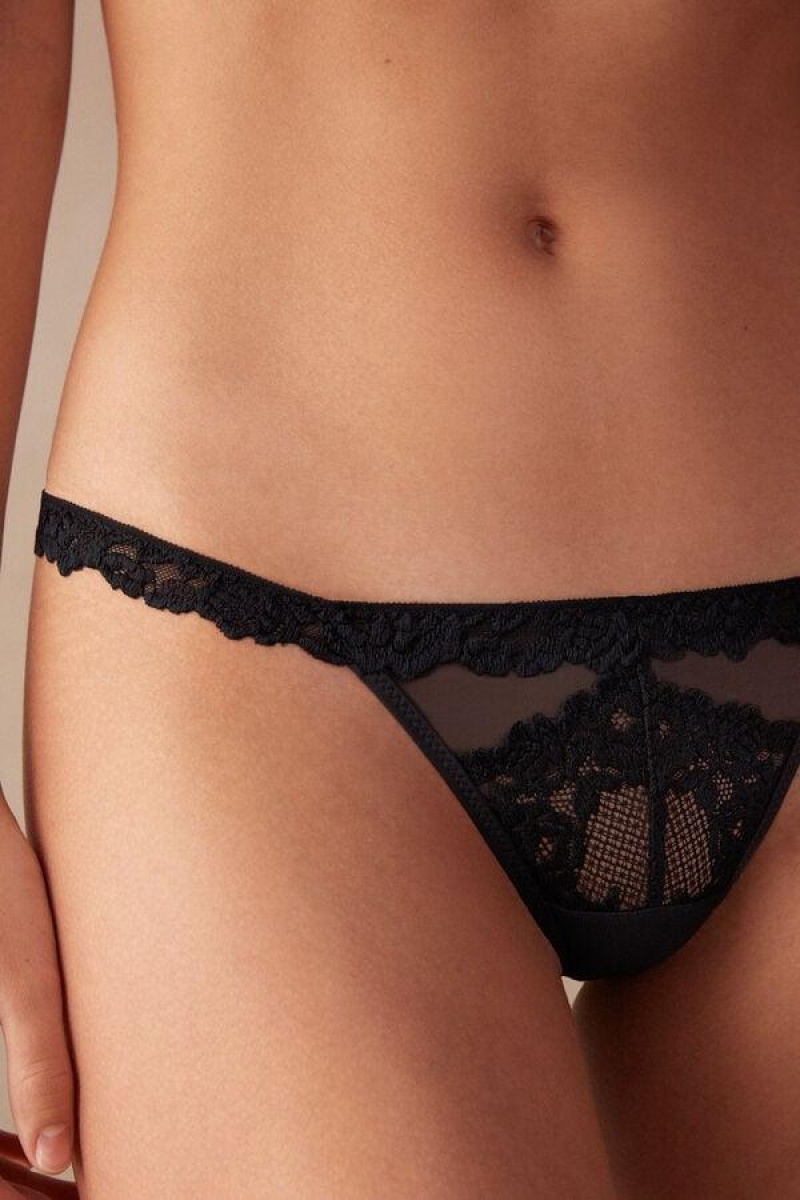 Intimissimi Pretty Flowers String Thong Ženske Gaćice Crne | HR 2284NBA