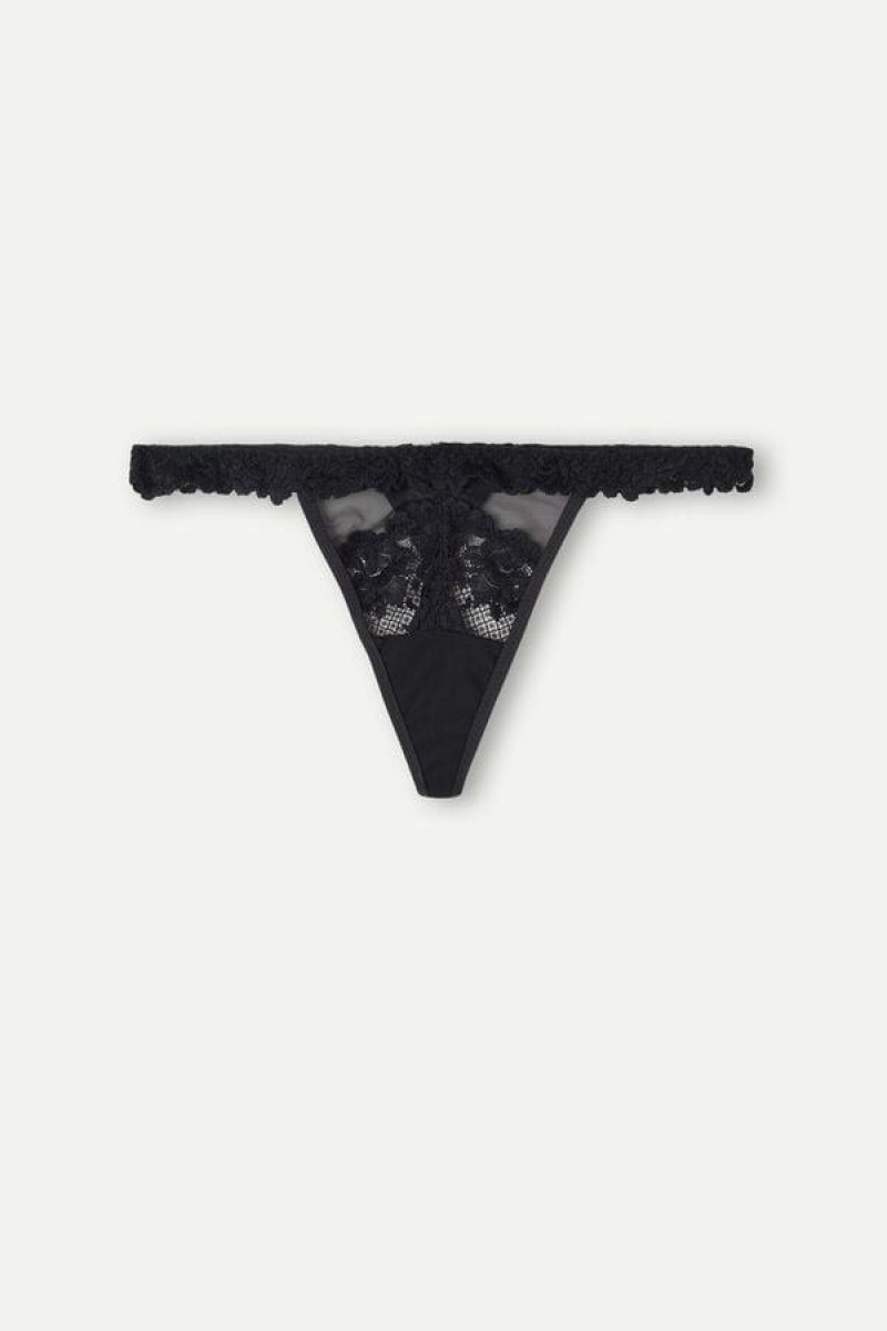 Intimissimi Pretty Flowers String Thong Ženske Gaćice Crne | HR 2284NBA