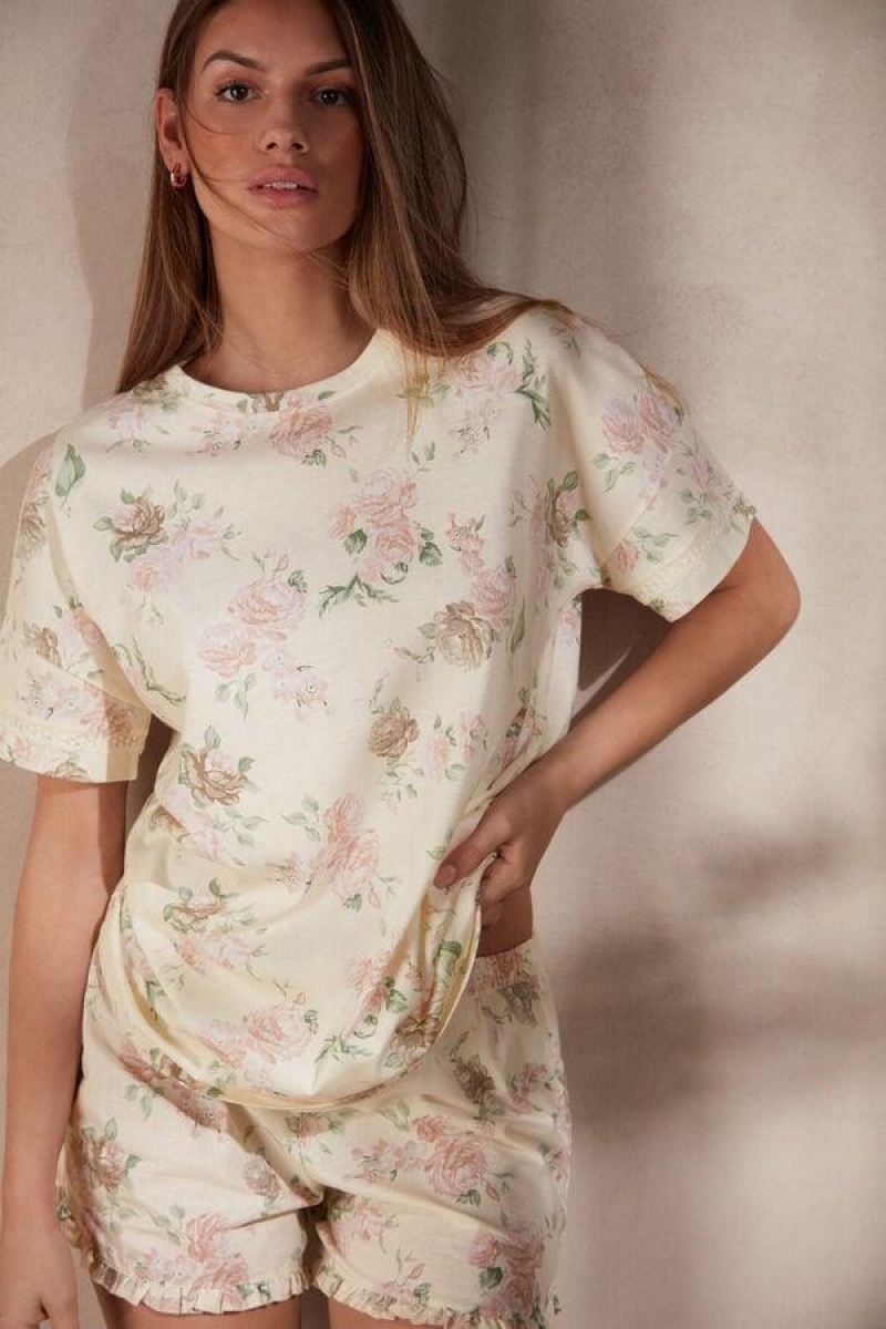 Intimissimi Scent of Roses Short Sleeve Cotton T-shirt Ženske Pidžama Visebojne Bijele | HR 2100VDO