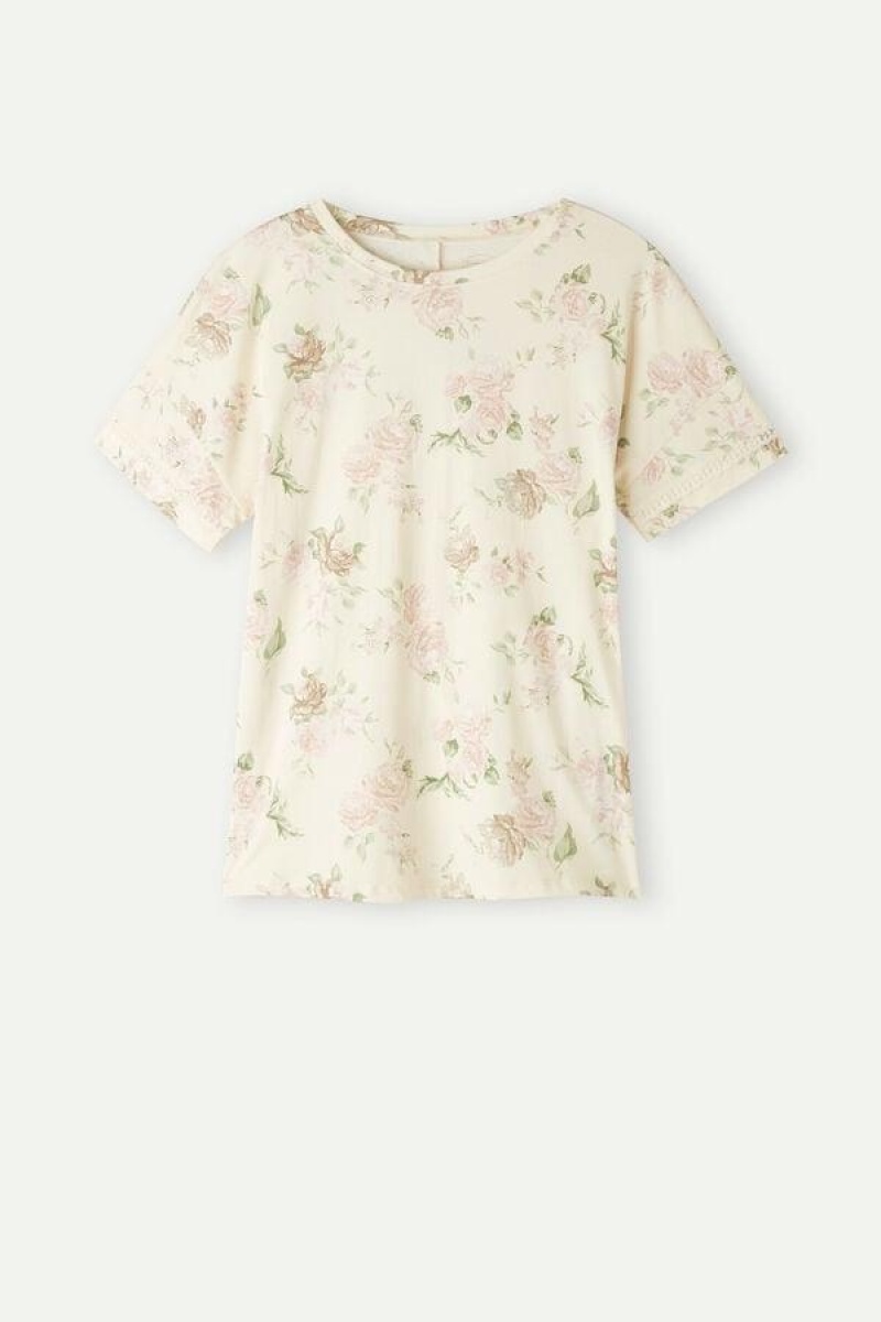 Intimissimi Scent of Roses Short Sleeve Cotton T-shirt Ženske Pidžama Visebojne Bijele | HR 2100VDO