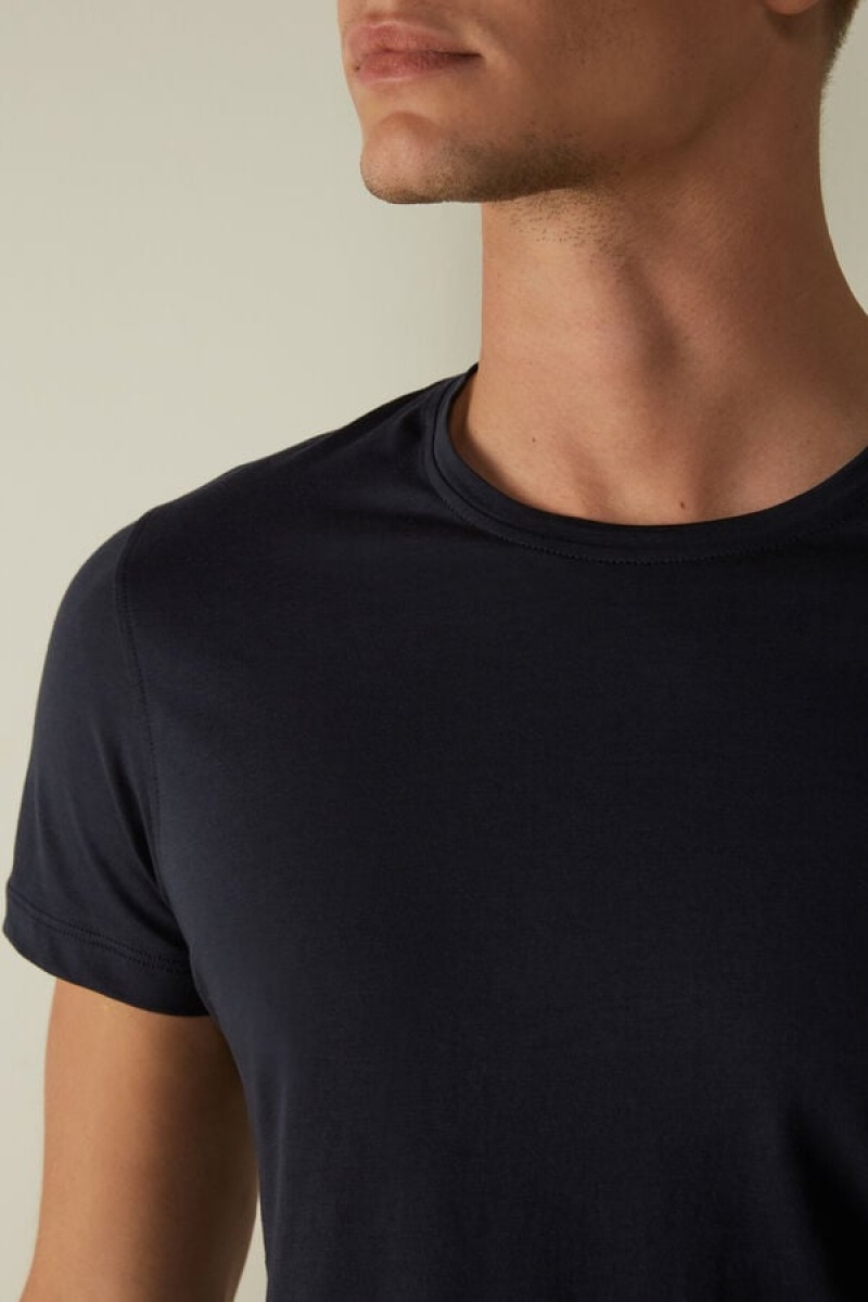 Intimissimi Short-Sleeve Crew-Neck T-Shirt in Extra-Fine Supima® Cotton Muške Pidžama Plave | HR 2895QZB