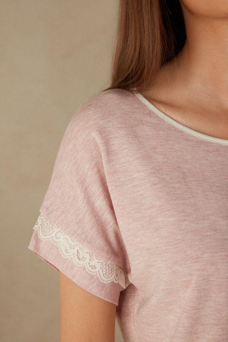 Intimissimi Short-Sleeve Modal Top with Lace Detail Ženske Pidžama Svijetlo Roze | HR 2118GLQ